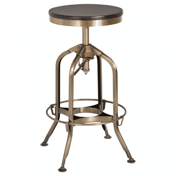 Industrial Black Ash Wood and Gold Brass Metal Adjustable Barstool
