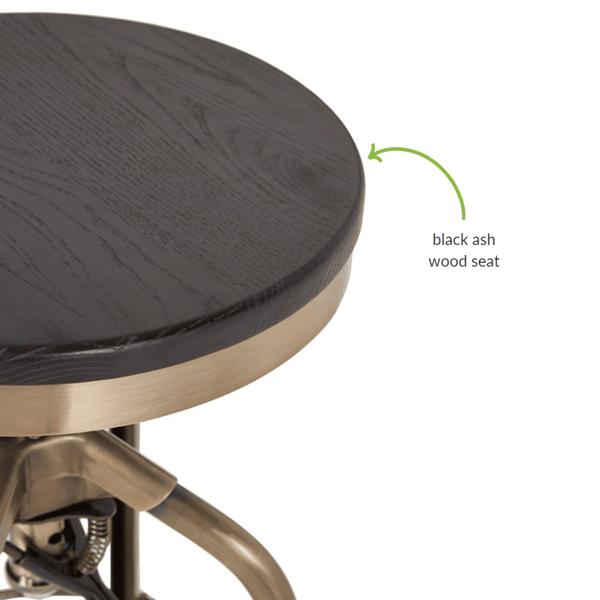 Industrial Black Ash Wood and Gold Brass Metal Adjustable Barstool