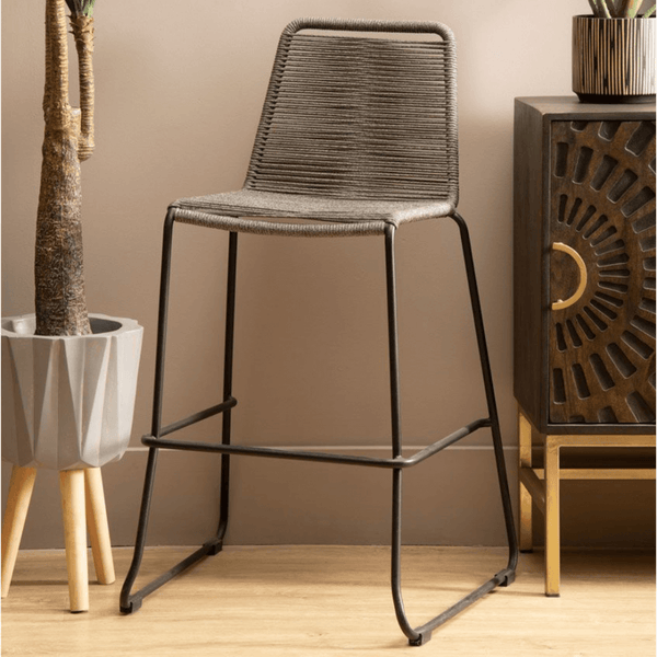 Grey Natural Rope Barstool With Black Iron Legs