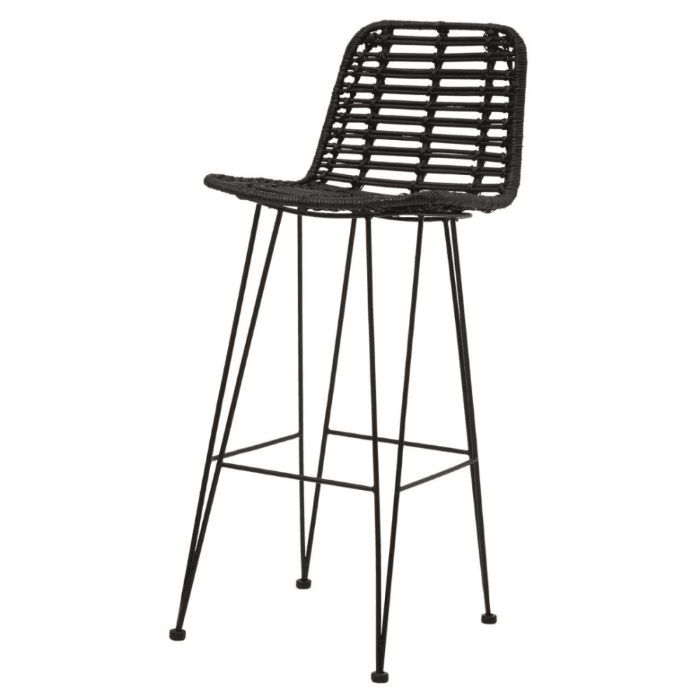 Black Natural Rattan Barstool With Black Metal Legs