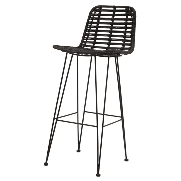Black Natural Rattan Barstool With Black Metal Legs
