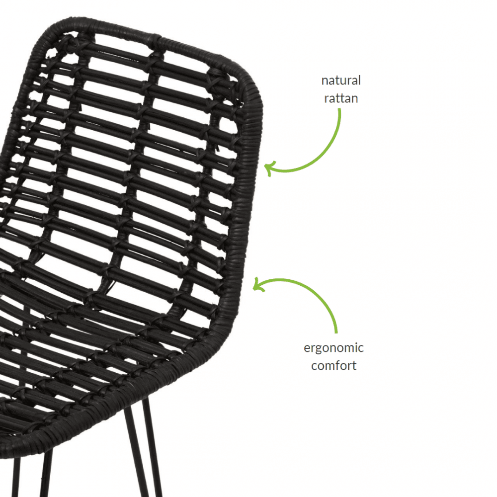 Black Natural Rattan Barstool With Black Metal Legs