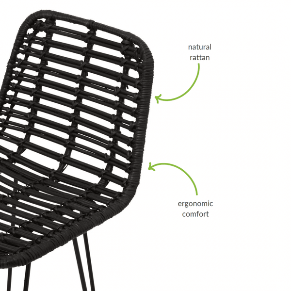 Black Natural Rattan Barstool With Black Metal Legs