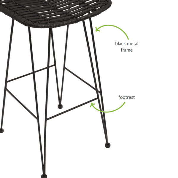 Black Natural Rattan Barstool With Black Metal Legs