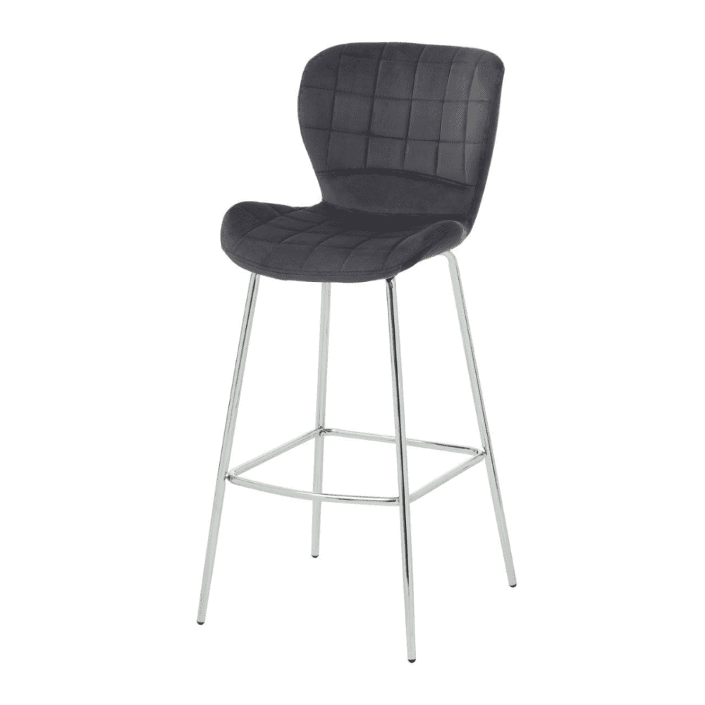 Quilted Grey Velvet Barstool with Chrome Metal Legs