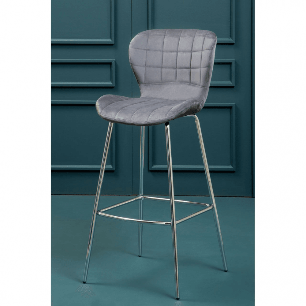 Quilted Grey Velvet Barstool with Chrome Metal Legs