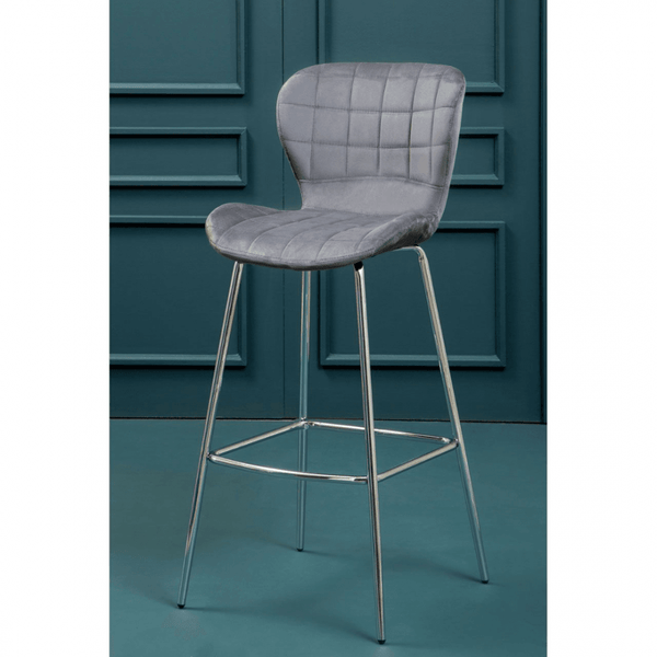 Quilted Grey Velvet Barstool with Chrome Metal Legs