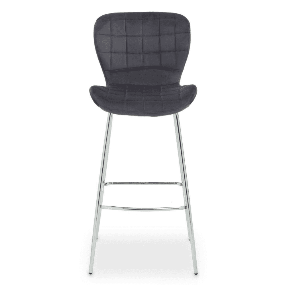 Quilted Grey Velvet Barstool with Chrome Metal Legs