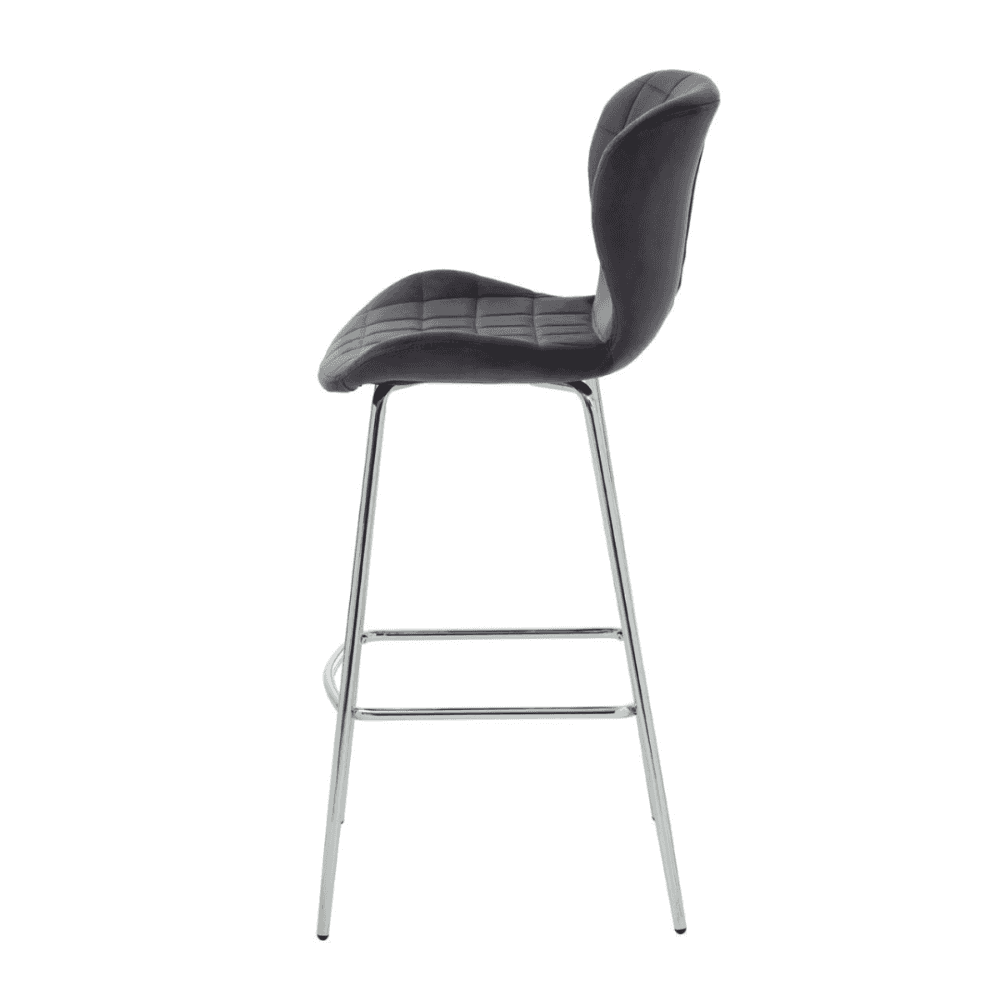 Quilted Grey Velvet Barstool with Chrome Metal Legs