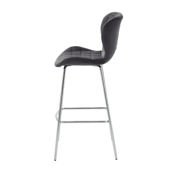 Quilted Grey Velvet Barstool with Chrome Metal Legs