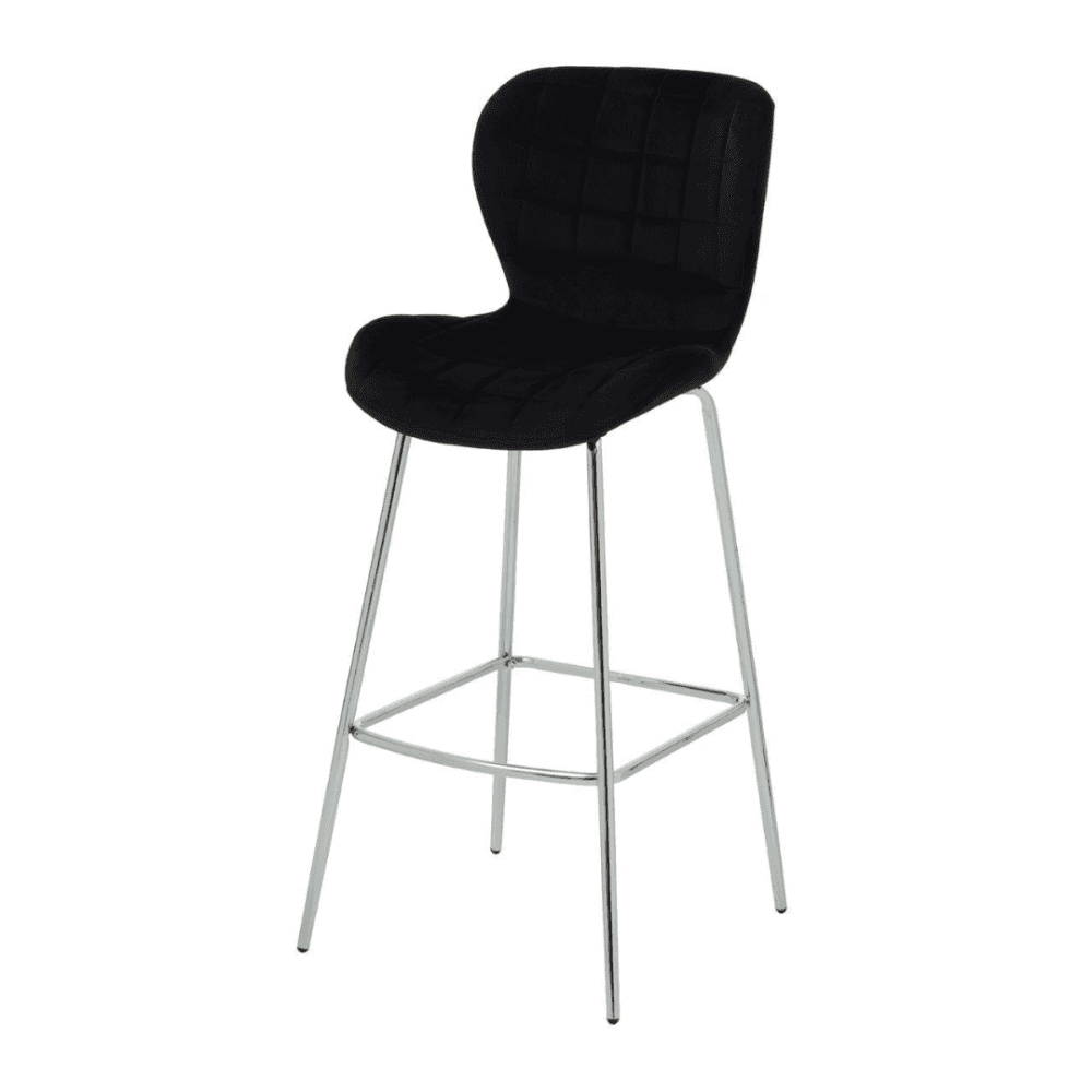 Quilted Black Velvet Barstool with Chrome Metal Legs