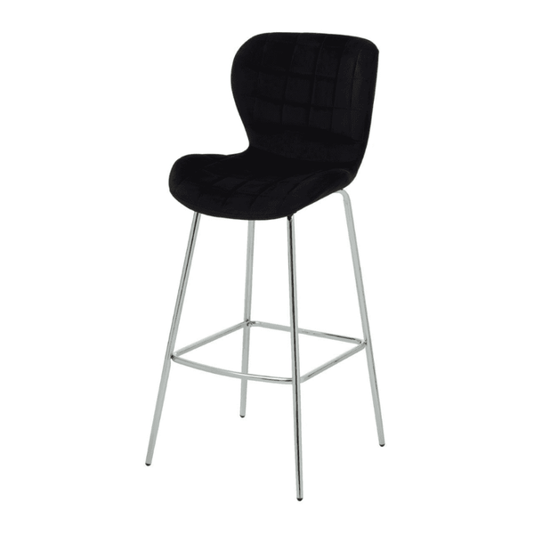 Quilted Black Velvet Barstool with Chrome Metal Legs