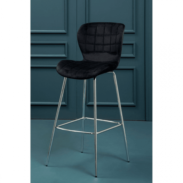 Quilted Black Velvet Barstool with Chrome Metal Legs