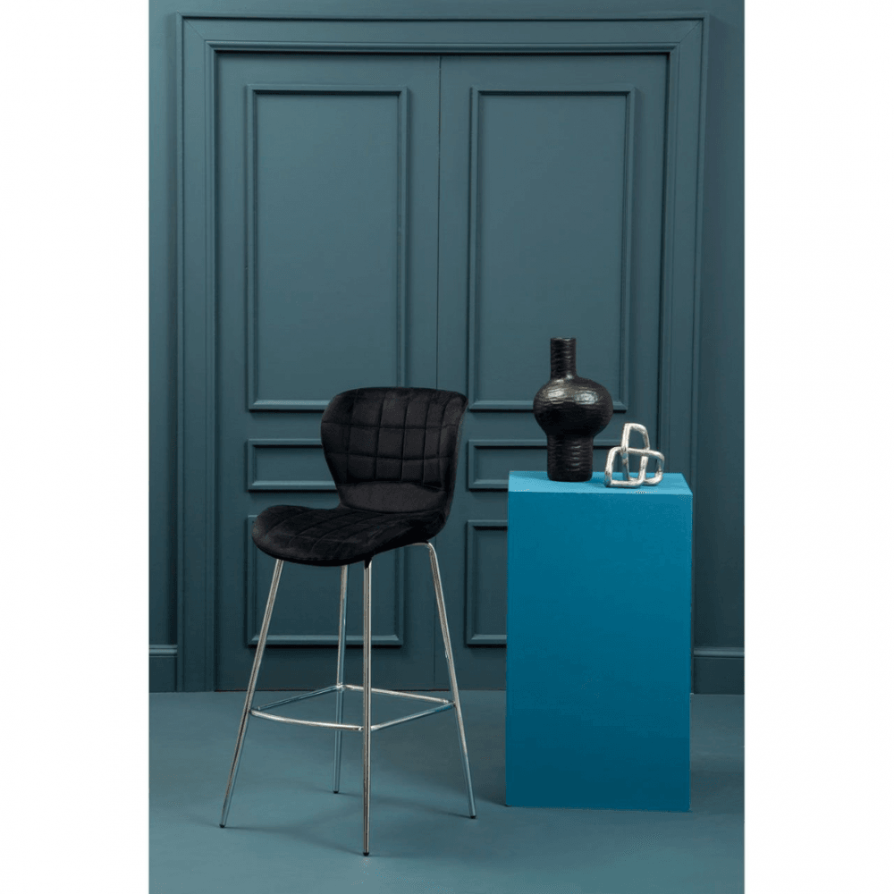 Quilted Black Velvet Barstool with Chrome Metal Legs