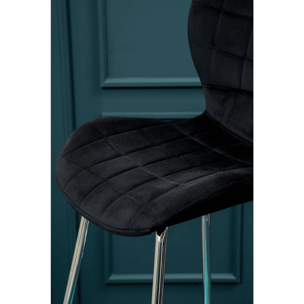 Quilted Black Velvet Barstool with Chrome Metal Legs