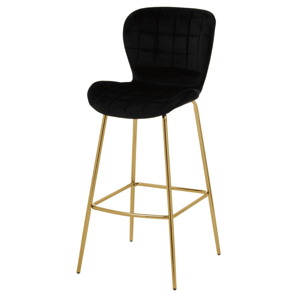Quilted Black Velvet Barstool With Gold Metal Legs