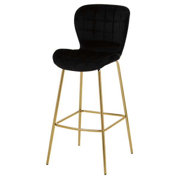 Quilted Black Velvet Barstool With Gold Metal Legs