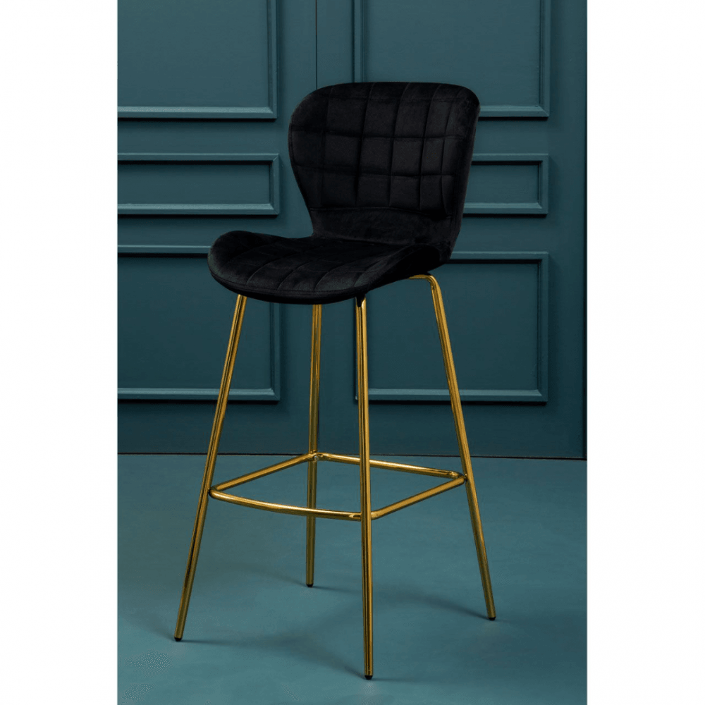 Quilted Black Velvet Barstool With Gold Metal Legs