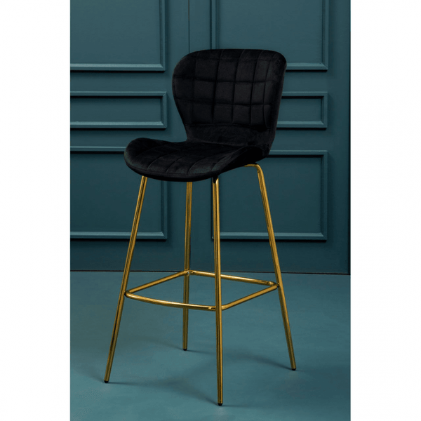 Quilted Black Velvet Barstool With Gold Metal Legs