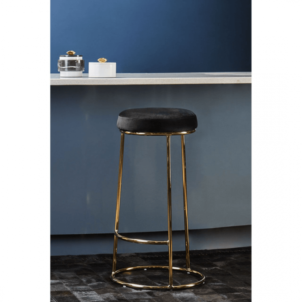 Luxe Black Velvet Barstool With Gold Metal Legs