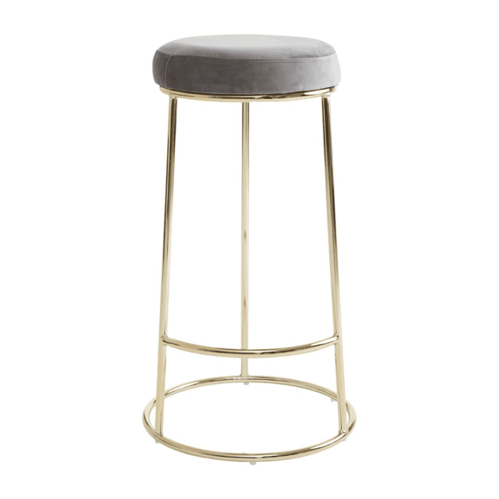 Luxe Grey Velvet Barstool With Gold Metal Legs