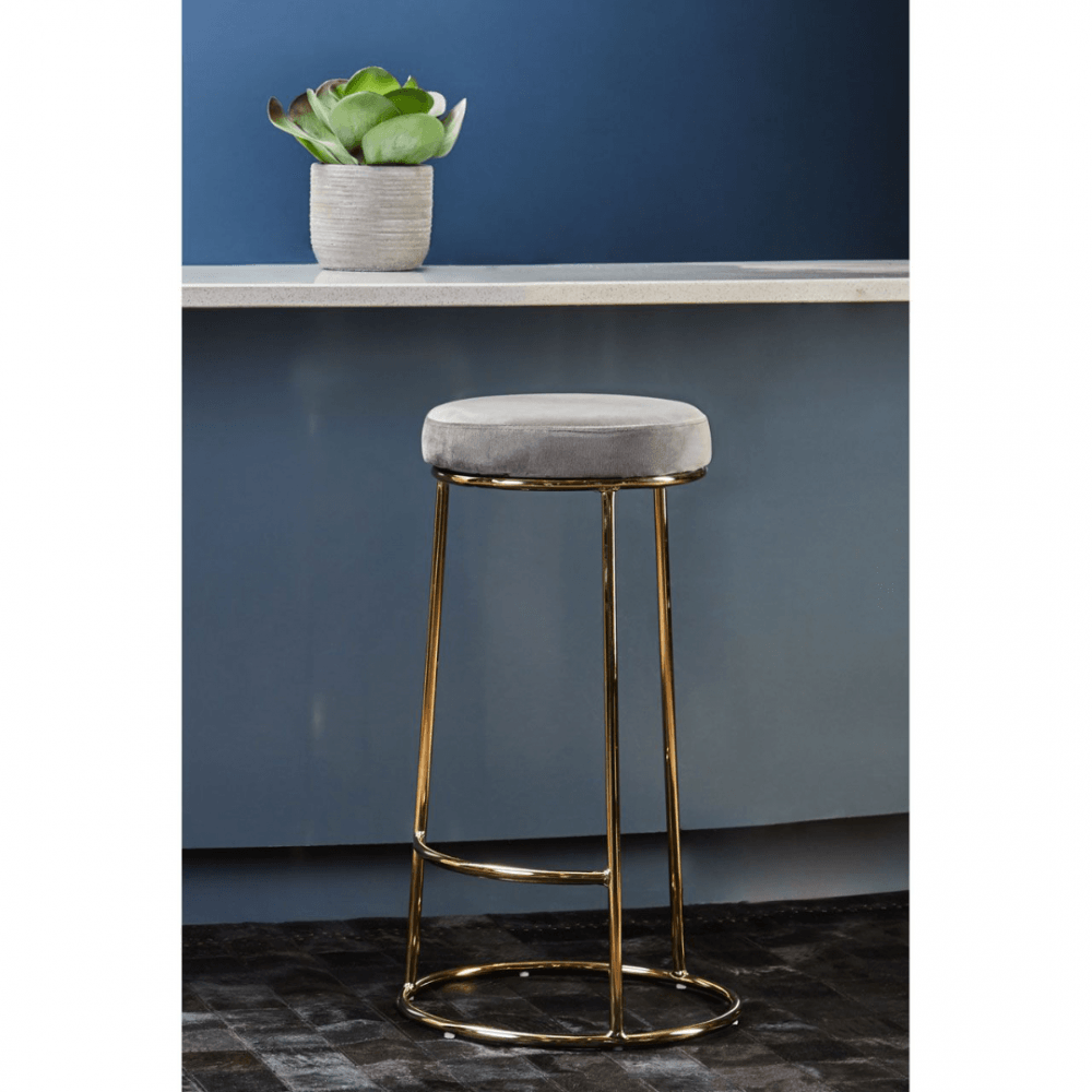 Luxe Grey Velvet Barstool With Gold Metal Legs