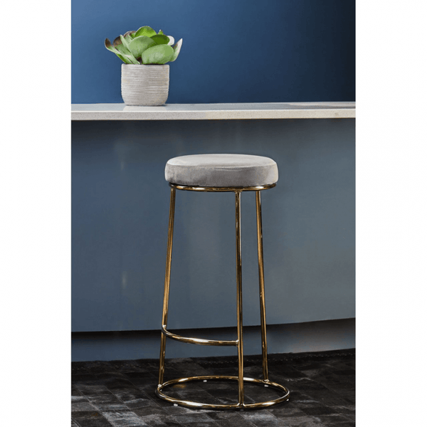 Luxe Grey Velvet Barstool With Gold Metal Legs