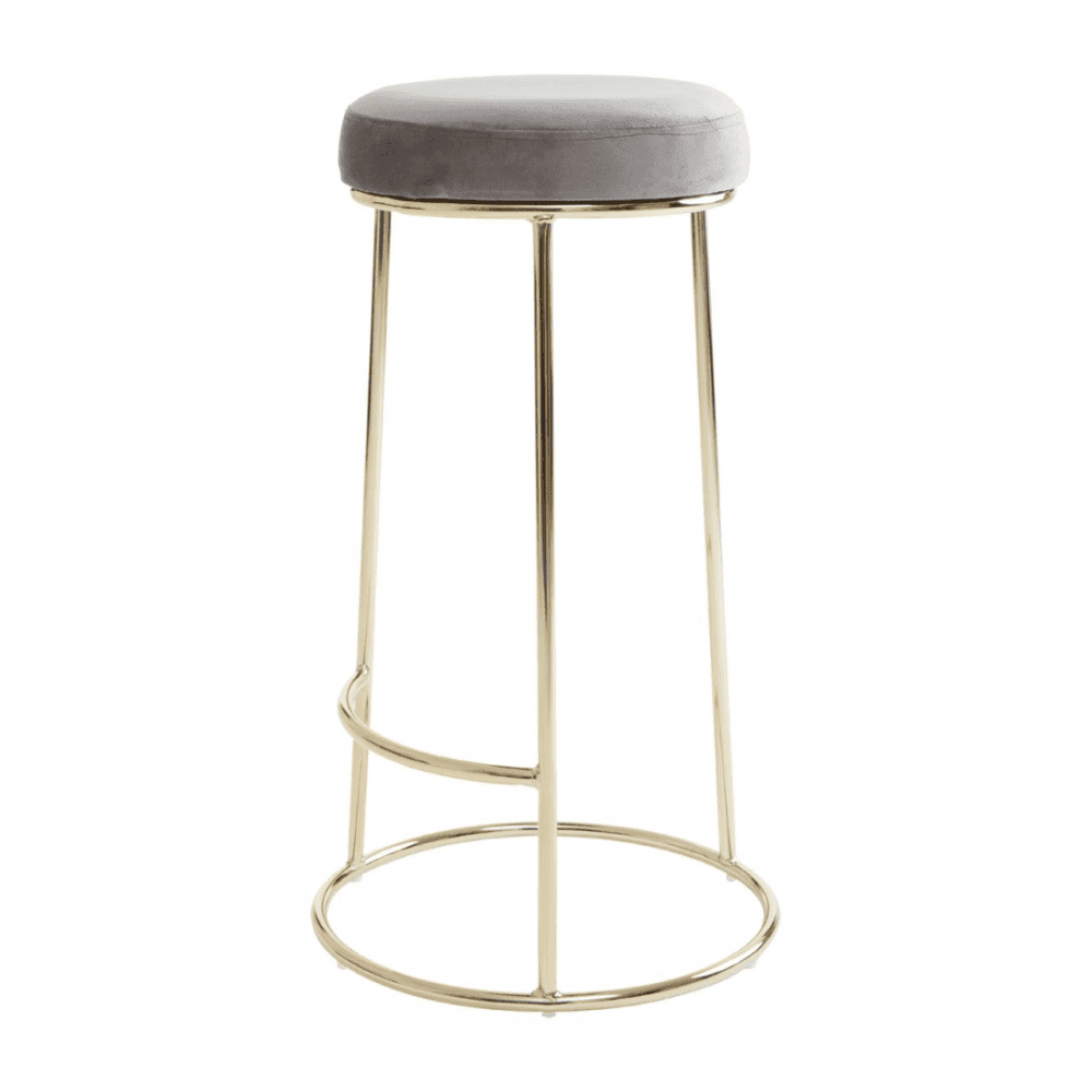 Luxe Grey Velvet Barstool With Gold Metal Legs