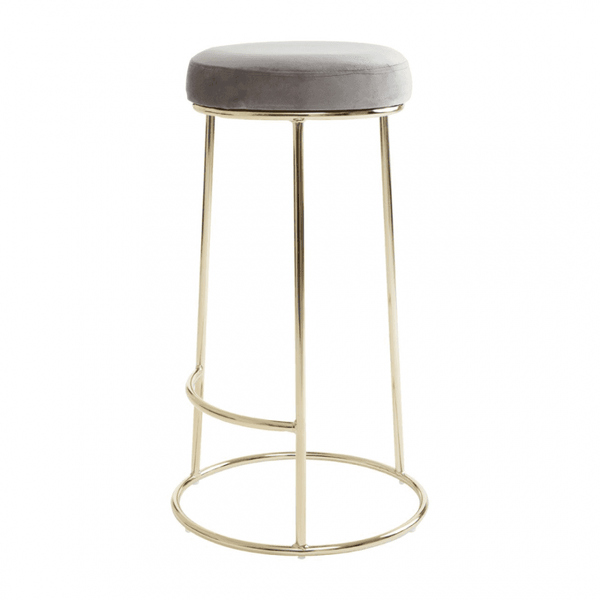 Luxe Grey Velvet Barstool With Gold Metal Legs