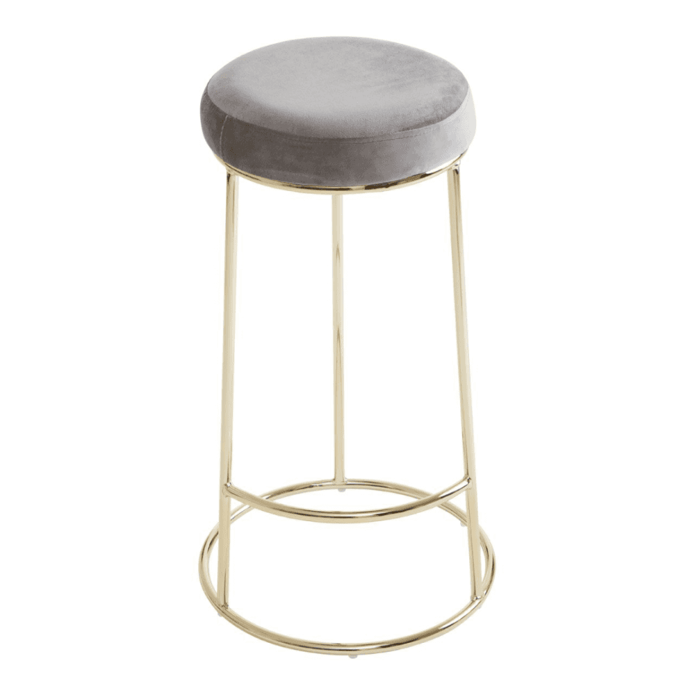 Luxe Grey Velvet Barstool With Gold Metal Legs