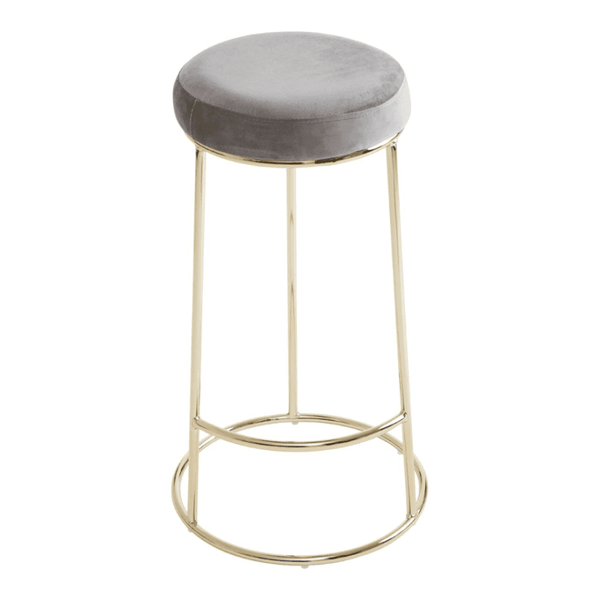 Luxe Grey Velvet Barstool With Gold Metal Legs