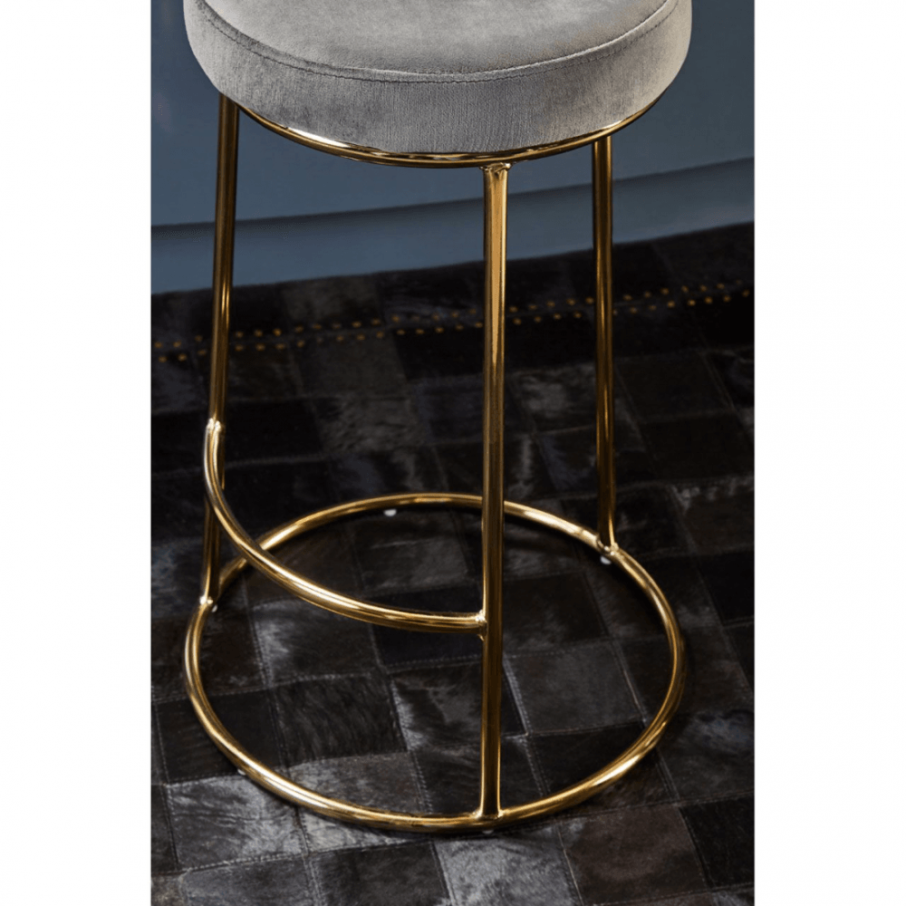 Luxe Grey Velvet Barstool With Gold Metal Legs