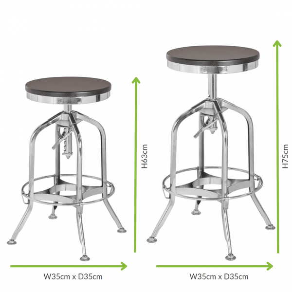 Industrial Black Ash Wood and Silver Chrome Metal Adjustable Barstool