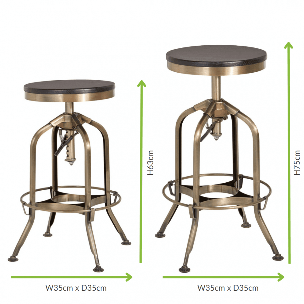 Industrial Black Ash Wood and Gold Brass Metal Adjustable Barstool