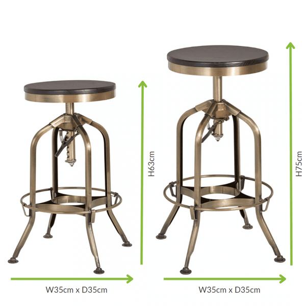Industrial Black Ash Wood and Gold Brass Metal Adjustable Barstool