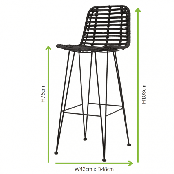 Black Natural Rattan Barstool With Black Metal Legs