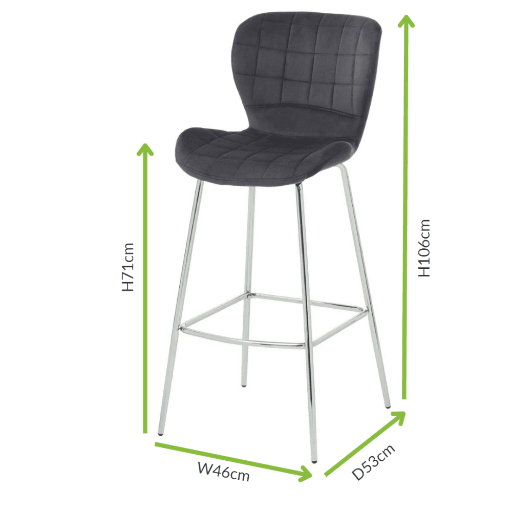 Quilted Grey Velvet Barstool with Chrome Metal Legs