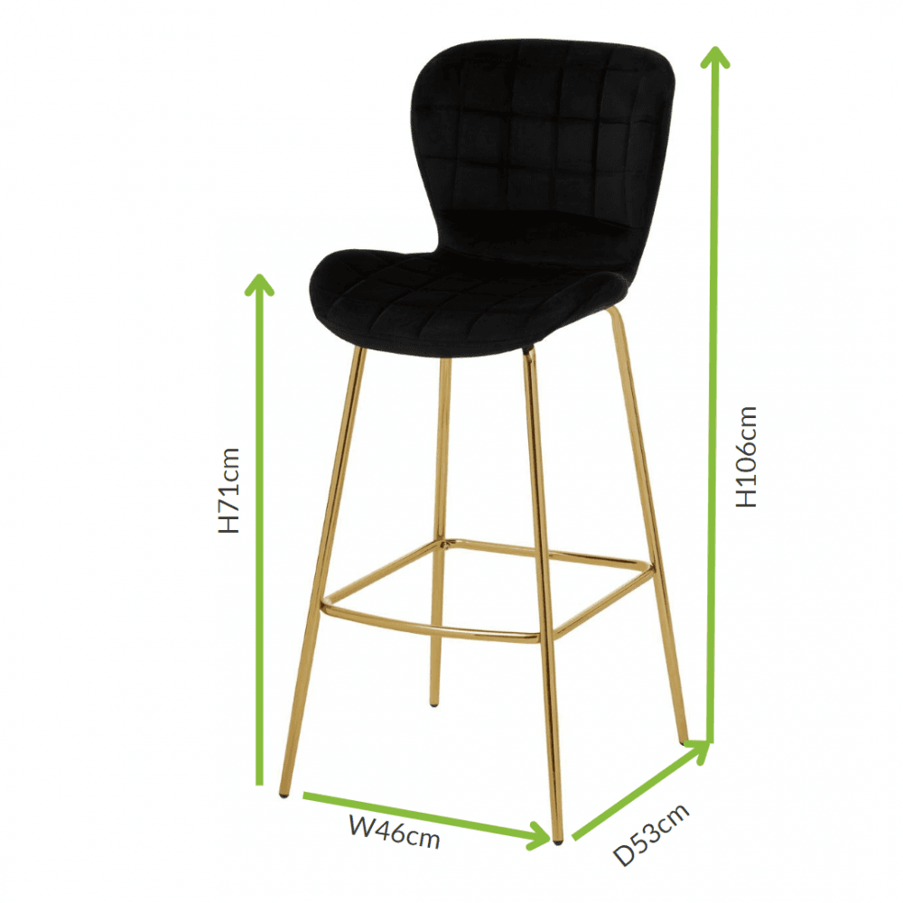 Quilted Black Velvet Barstool With Gold Metal Legs
