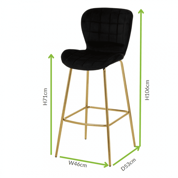 Quilted Black Velvet Barstool With Gold Metal Legs
