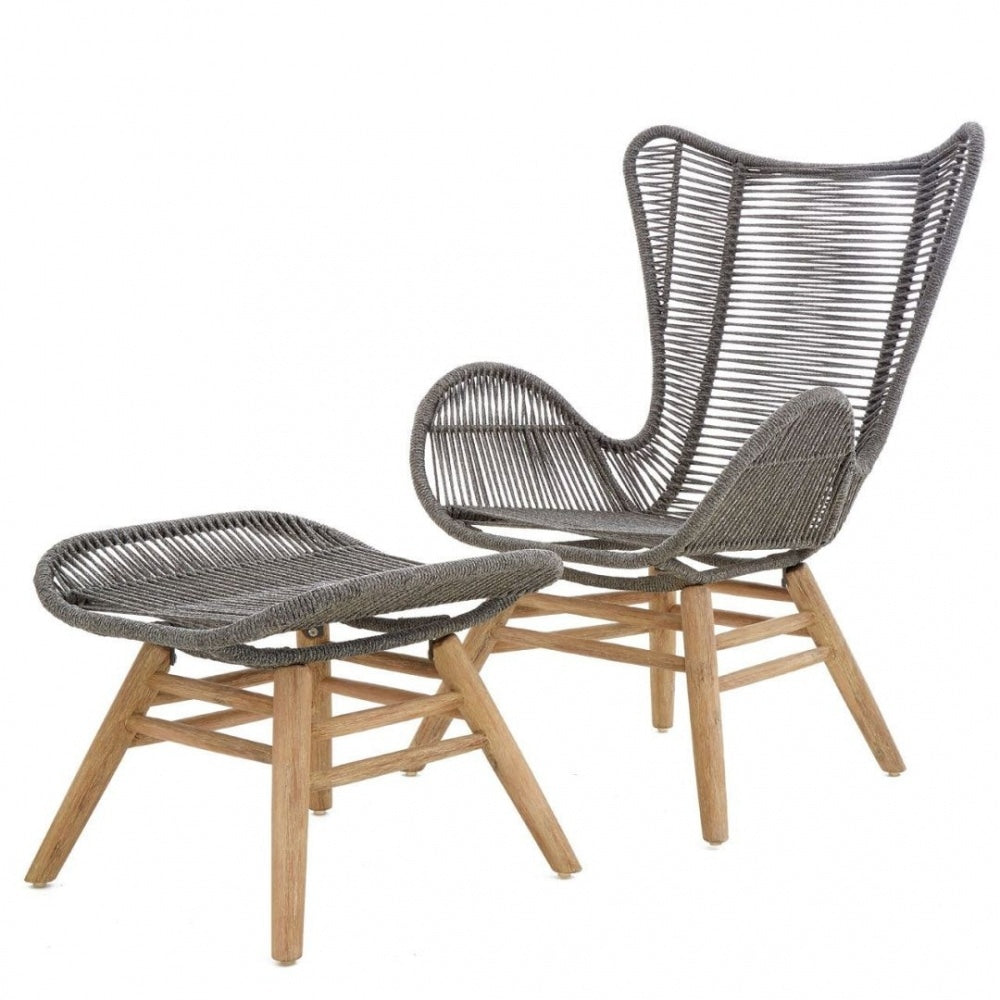 Grey Natural Rope Lounge Chair And Footstool Set With Light Wood Legs
