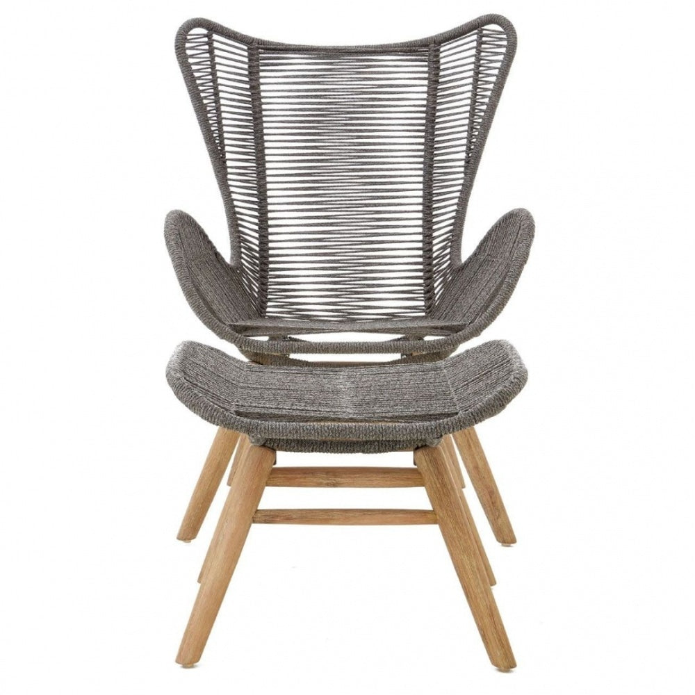 Grey Natural Rope Lounge Chair And Footstool Set With Light Wood Legs
