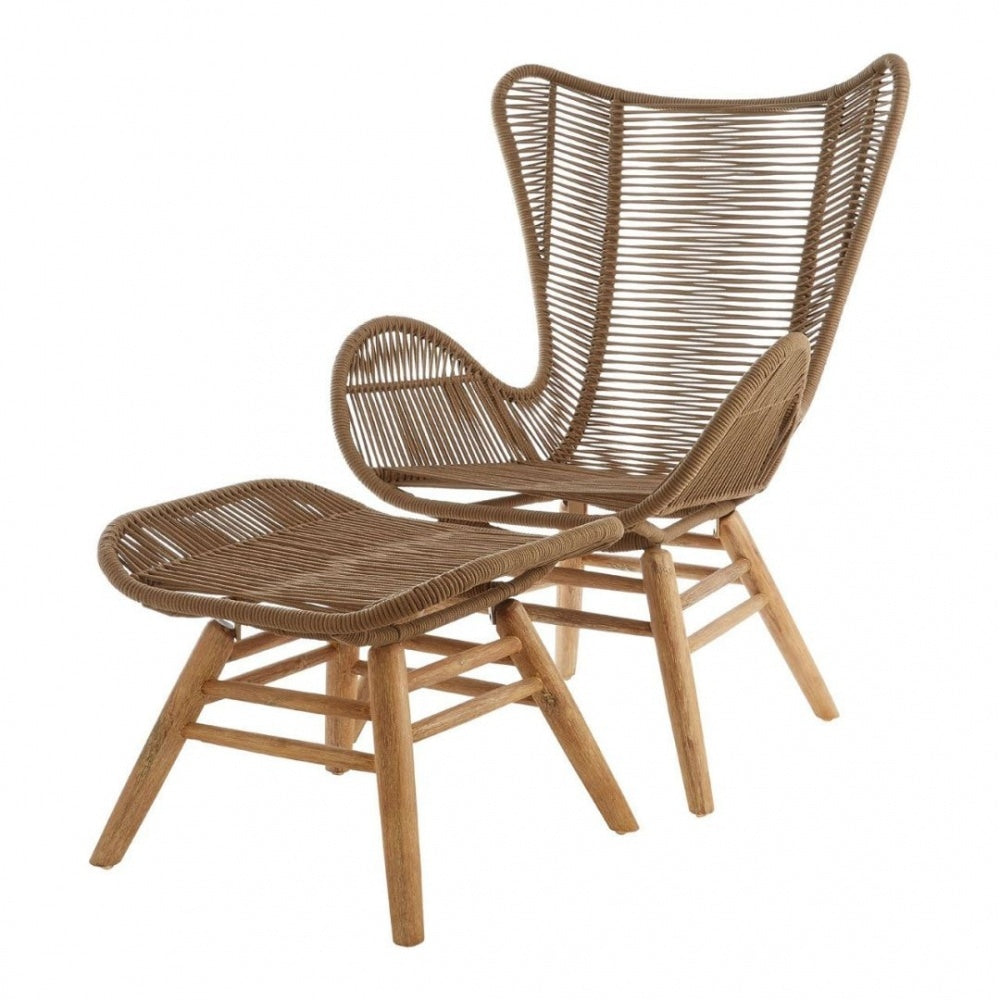 Brown Natural Rope Lounge Chair And Footstool Set With Light Wood Legs