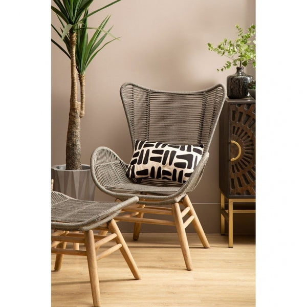 Brown Natural Rope Lounge Chair And Footstool Set With Light Wood Legs