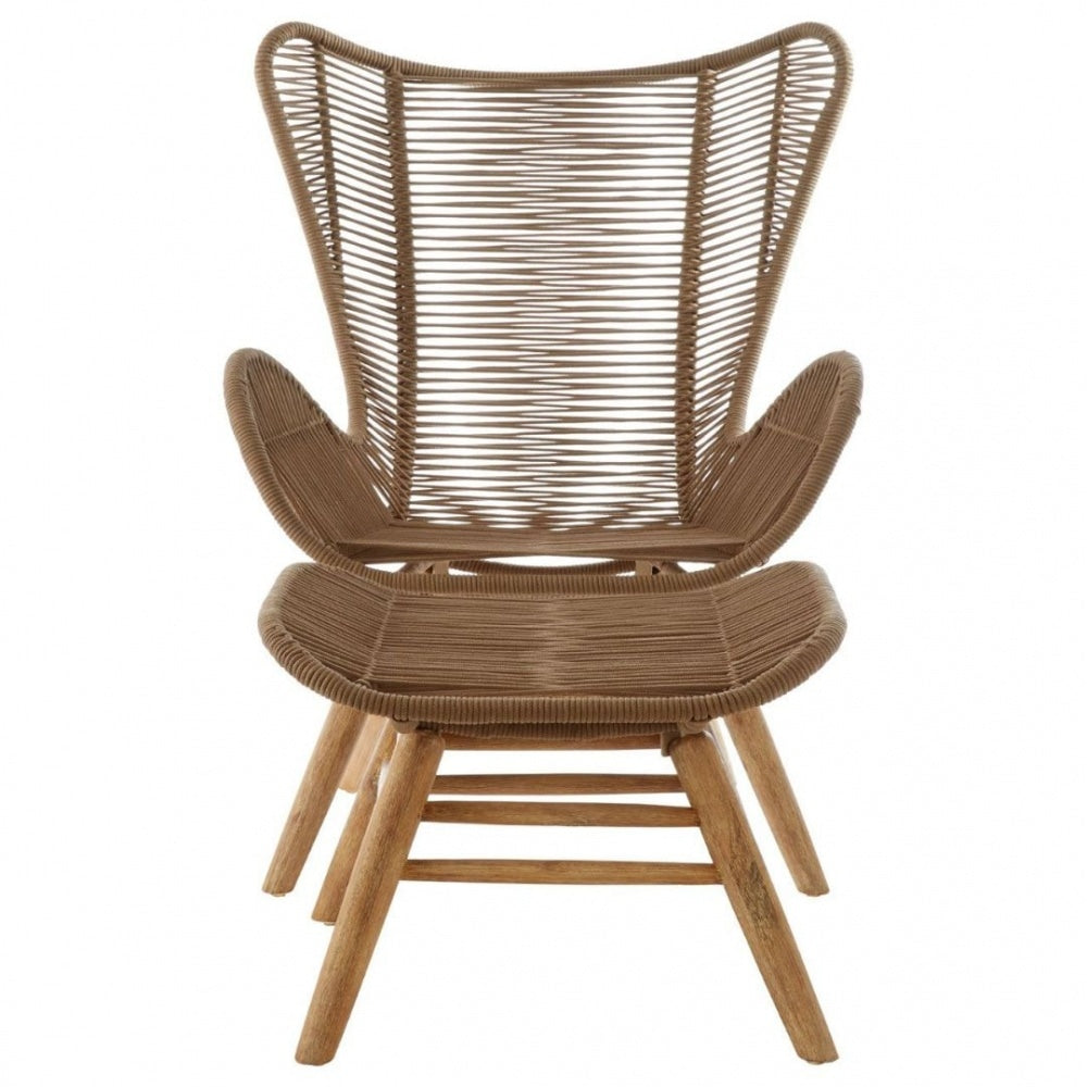 Brown Natural Rope Lounge Chair And Footstool Set With Light Wood Legs