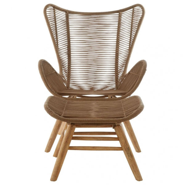Brown Natural Rope Lounge Chair And Footstool Set With Light Wood Legs
