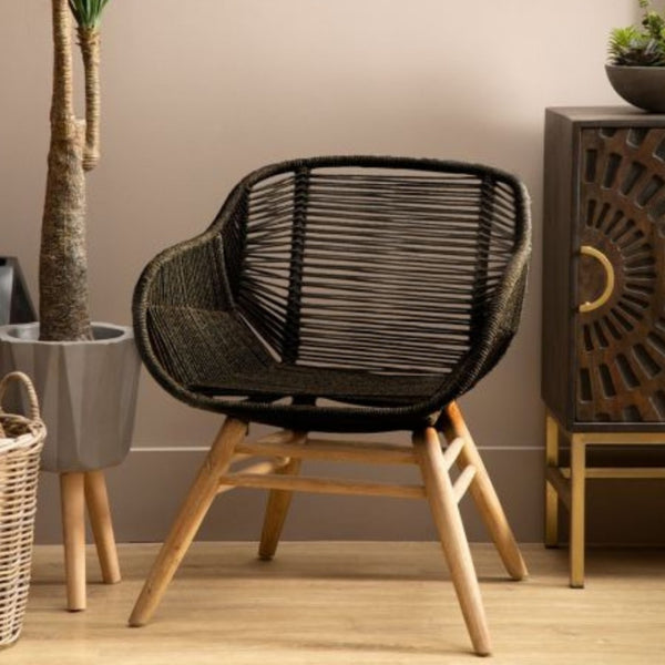 Black Natural Rope Armchair With Light Wood Legs