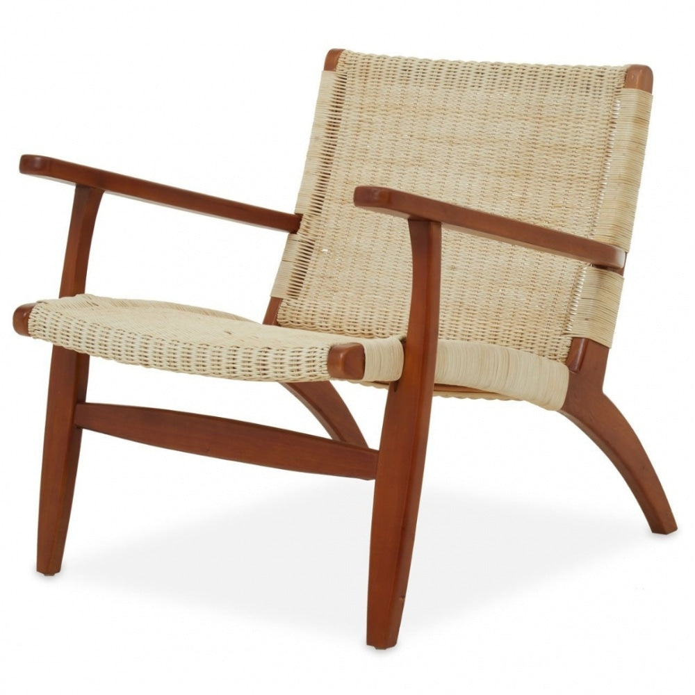 Natural Rattan And Mahogany Wood Reclined Armchair