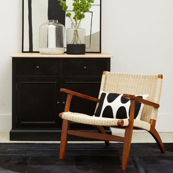 Natural Rattan And Mahogany Wood Reclined Armchair