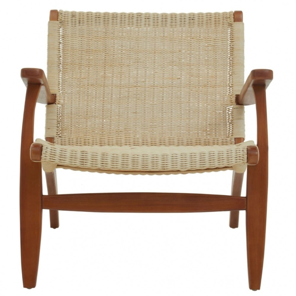 Natural Rattan And Mahogany Wood Reclined Armchair