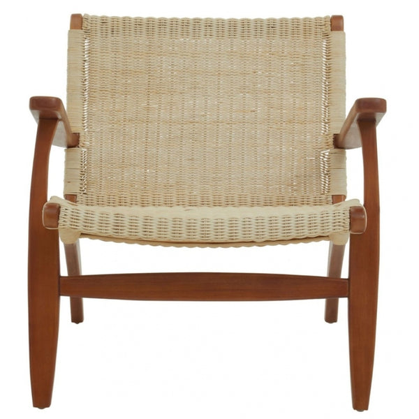Natural Rattan And Mahogany Wood Reclined Armchair